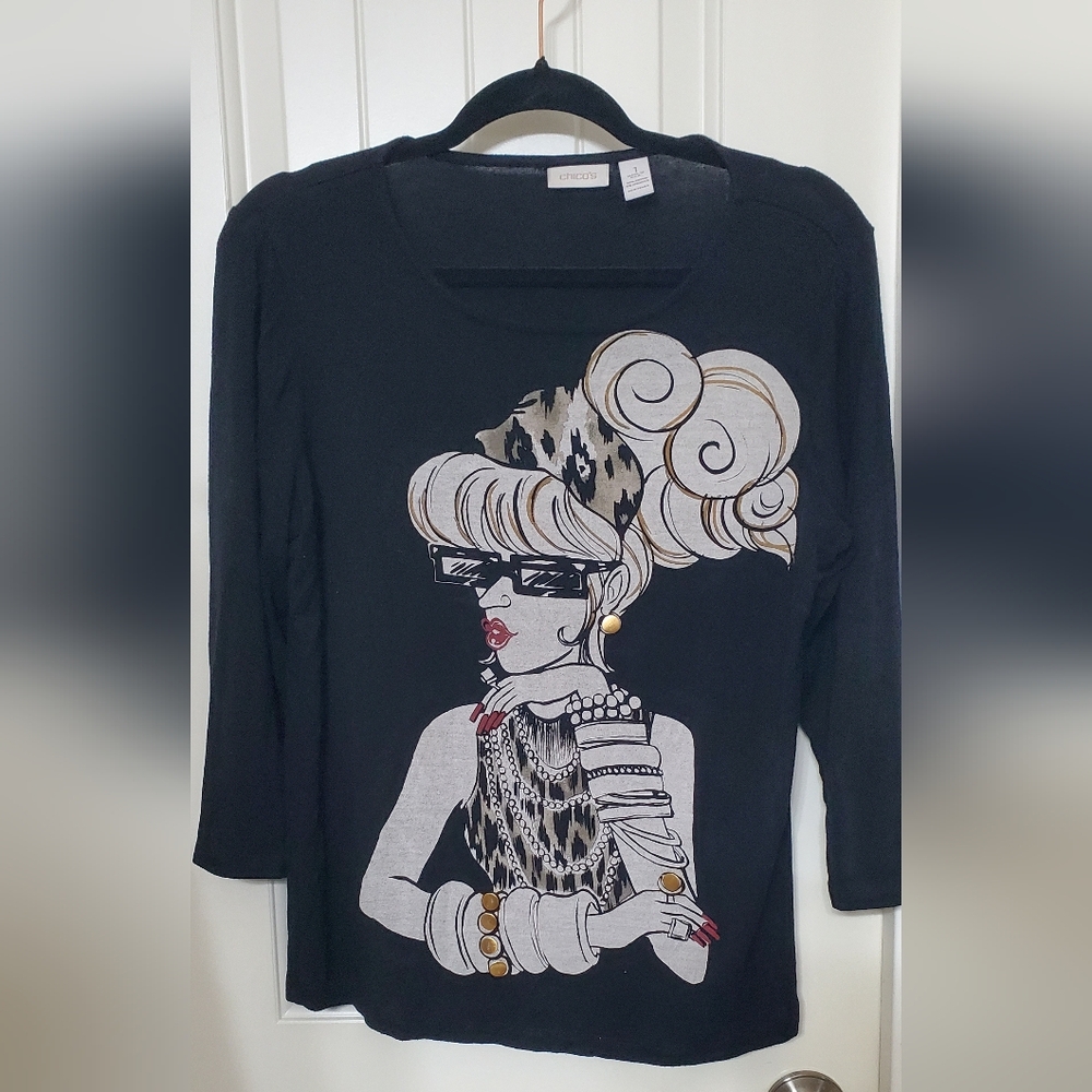 Chico's Black Graphic Long Sleeve Top